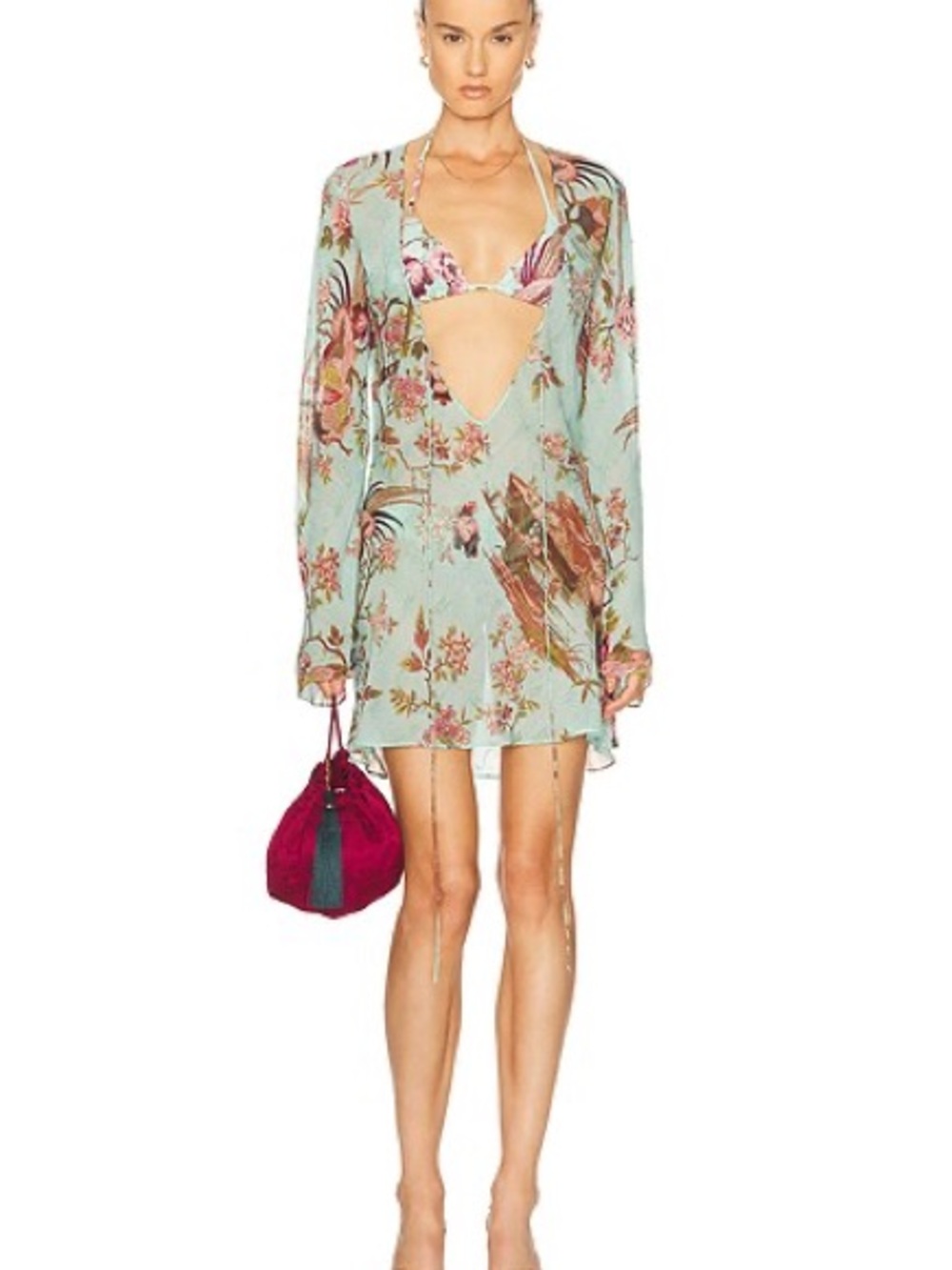 Roberto Cavalli Mint Green Floral Lace-Up Tunic